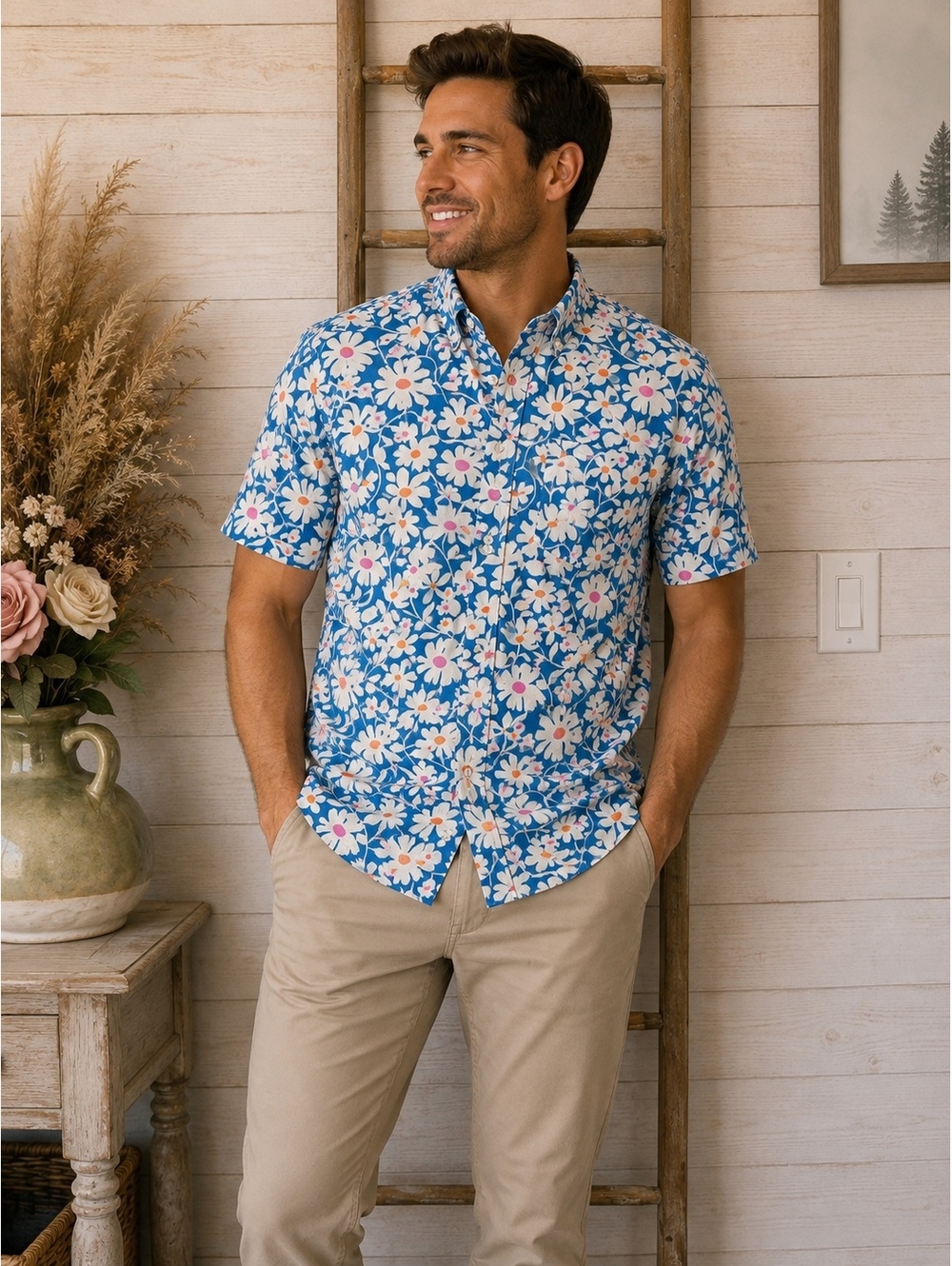 J.Crew‎ Flex Washed Blue Floral Short Sleeve Button-Up Shirt Medium